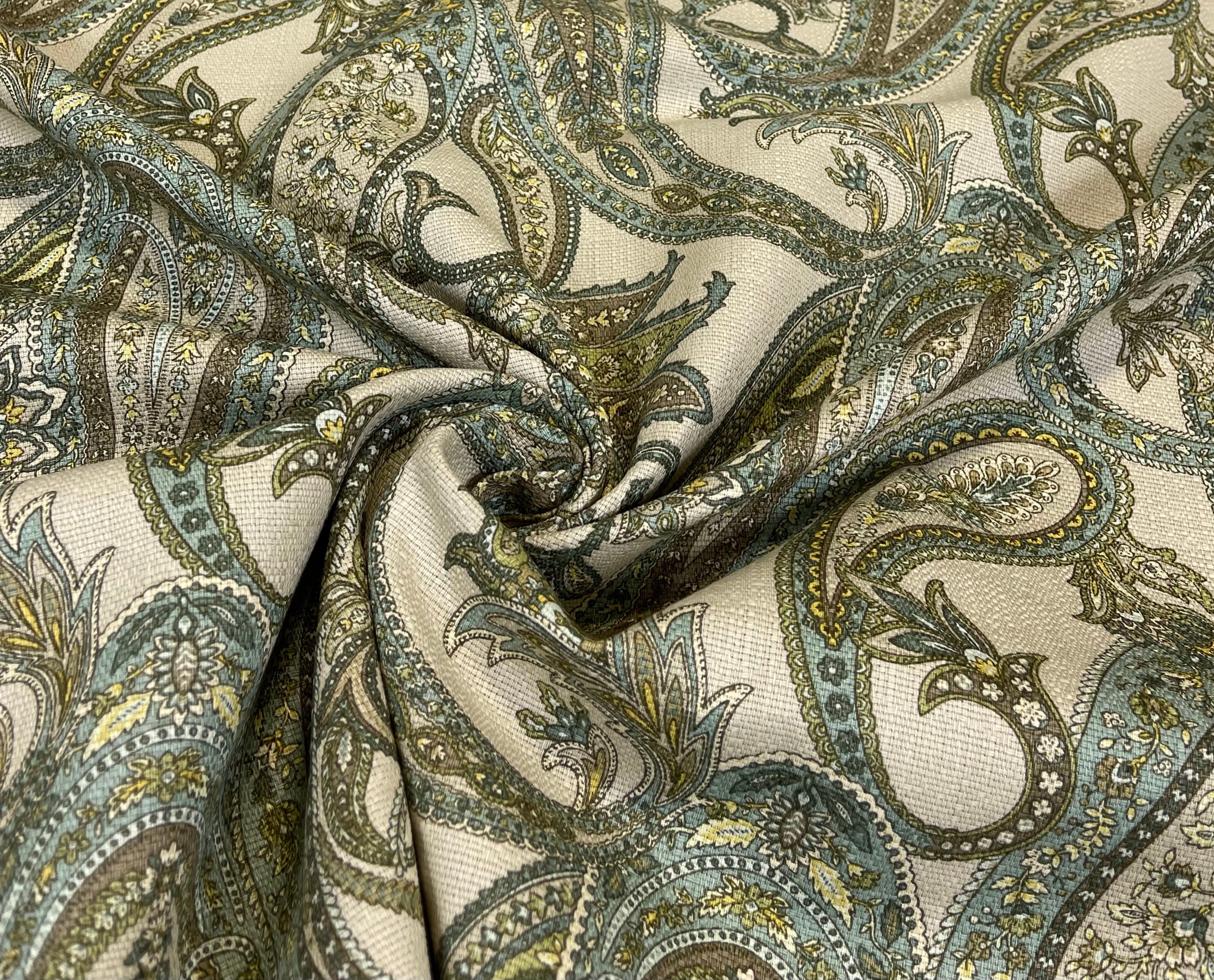 Teal Brown Paisley Print Cotton Linen Fabric 54W Etsy