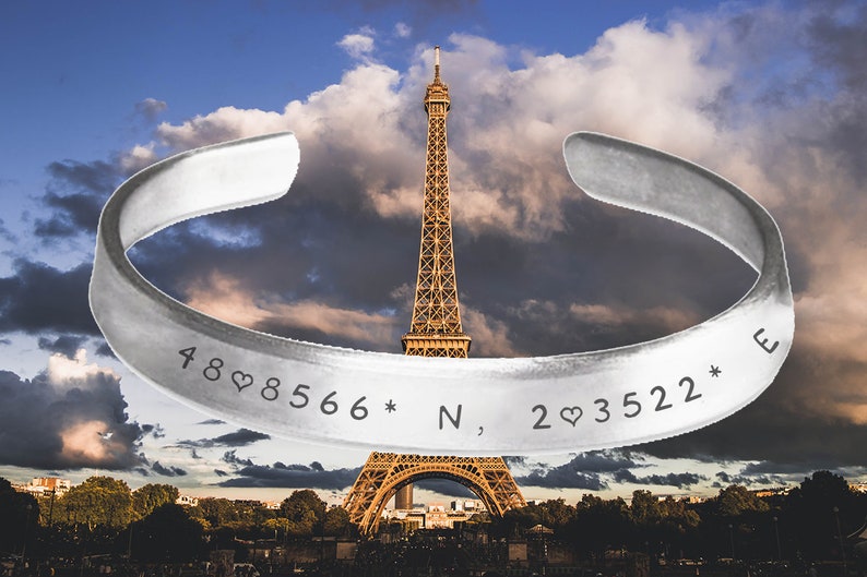 jewelry Bracelet France adjustable bracelet, Travel GPS City of Paris Coordinates map Stamped Bracelet Wrist cuff