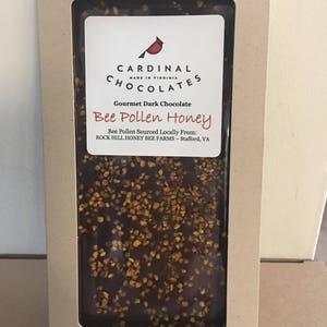 Bee Pollen Chocolate Bar. Available in Milk Chocolate, Dark Chocolate and White Chocolate