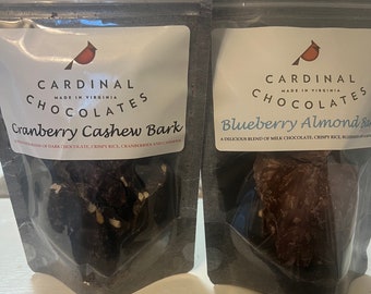 Fruit & Nut Bark: Cranberry Cashew Dark Chocolate /Blueberry Almond Milk Chocolate 3.5oz each flavor