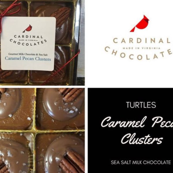 Sea Salt Caramel Pecan Clusters “Turtles” 9 piece box. Available in Milk, Dark or White Chocolate