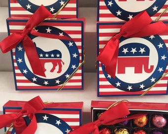 Gourmet Truffles Political Chocolate Republican Democrat Milk and Dark Chocolate Truffles 16 piece box. gift ready with bow.