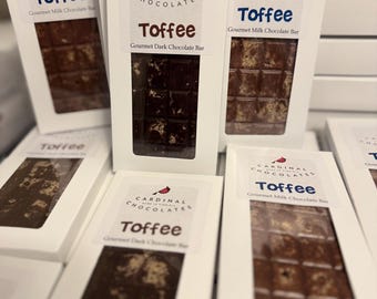 Gourmet Toffee Chocolate Bar. Available in Milk or Dark Chocolate