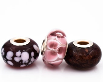 Set of 3 beads in Murano glass and 925 sterling silver compatible with Pandora and Trollbeads bracelet amethyst color