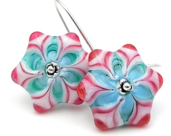 Orecchini in glass of Murano and argento 925 color aqua marina caraibica and mandala pink