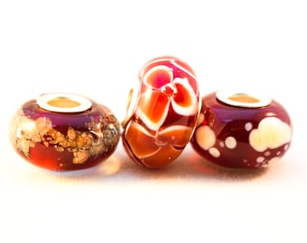 3 beads set made of Murano glass and 925 sterling silver compatible with Pandora and Trollbeads bracelet