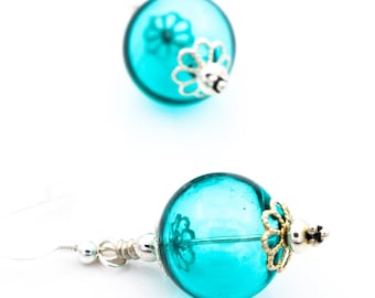 Mouth blown Murano glass earrings and 925 silver, turquoise color