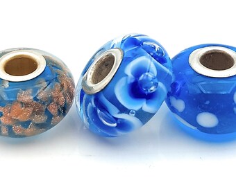 Set of Murano glass and 925 sterling silver compatible with Pandora and Trollbeads bracelet sky blue and white color