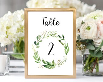 Wedding table numbers printable table numbers wedding, greenery wedding table decor, decorations, table settings, wedding signs download W14