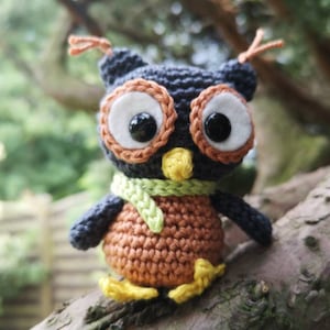 May include: A small crocheted owl toy made with black, brown, green, and yellow yarn. The owl has large white eyes with black pupils.