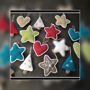 May include: A collection of handmade crocheted ornaments in various shapes and colors, including stars, hearts, and Christmas trees. The ornaments are made with a variety of yarn colors, including red, green, blue, white, and brown.