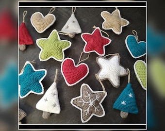 Crocheted “Christmas pendant” instructions ** Heart, star, Christmas tree and wreath with bells