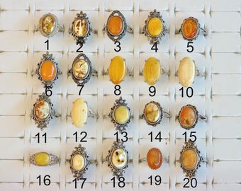 Natur-Bernstein-Ring mit offener Rückseite, versilbert im Vintage-Look AMBER010