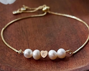 Pulsera de dama de honor personalizada, pulsera de la amistad, propuesta de dama de honor, pulsera de perlas de agua dulce, oro de 14 quilates, plata, oro rosa, minimalista.