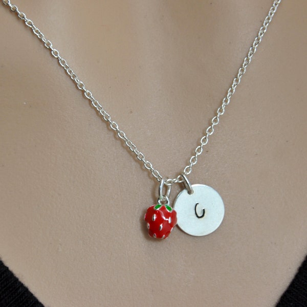 Personalized Strawberry Necklace in Gold or Silver, Engraved Initial Disc Necklace, Fruit Necklace, Bridesmaid Gift, Gift for her