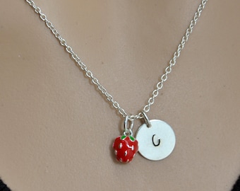 Personalized Strawberry Necklace in Gold or Silver, Engraved Initial Disc Necklace, Fruit Necklace, Bridesmaid Gift, Gift for her