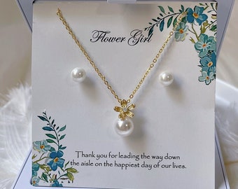 Ensemble de bijoux de mariage, collier de perles de fleurs de marguerite Collier de fille de fleurs, ensemble de bijoux de demoiselle d’honneur, collier de fille de fleur et boucles d’oreilles