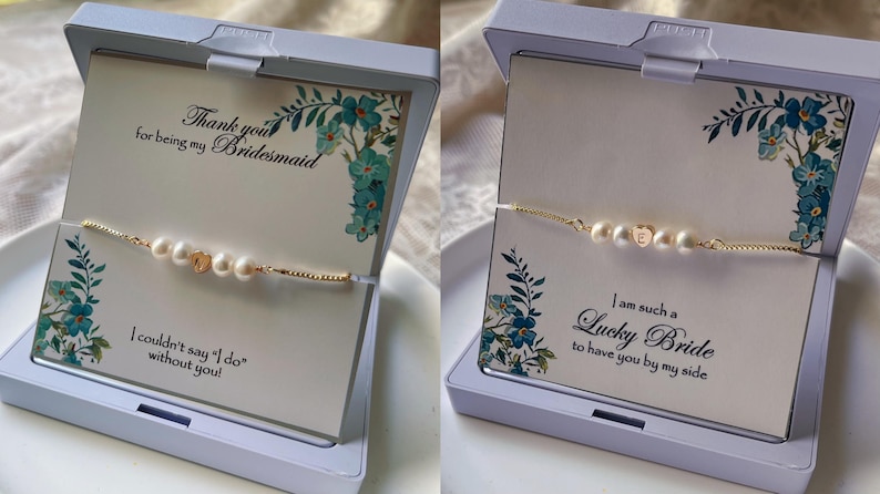 Regalo personalizado para dama de honor, joyería de boda para niña de las flores, cuñada o suegra, pulsera de perlas de agua dulce con inicial en forma de corazón. imagen 8