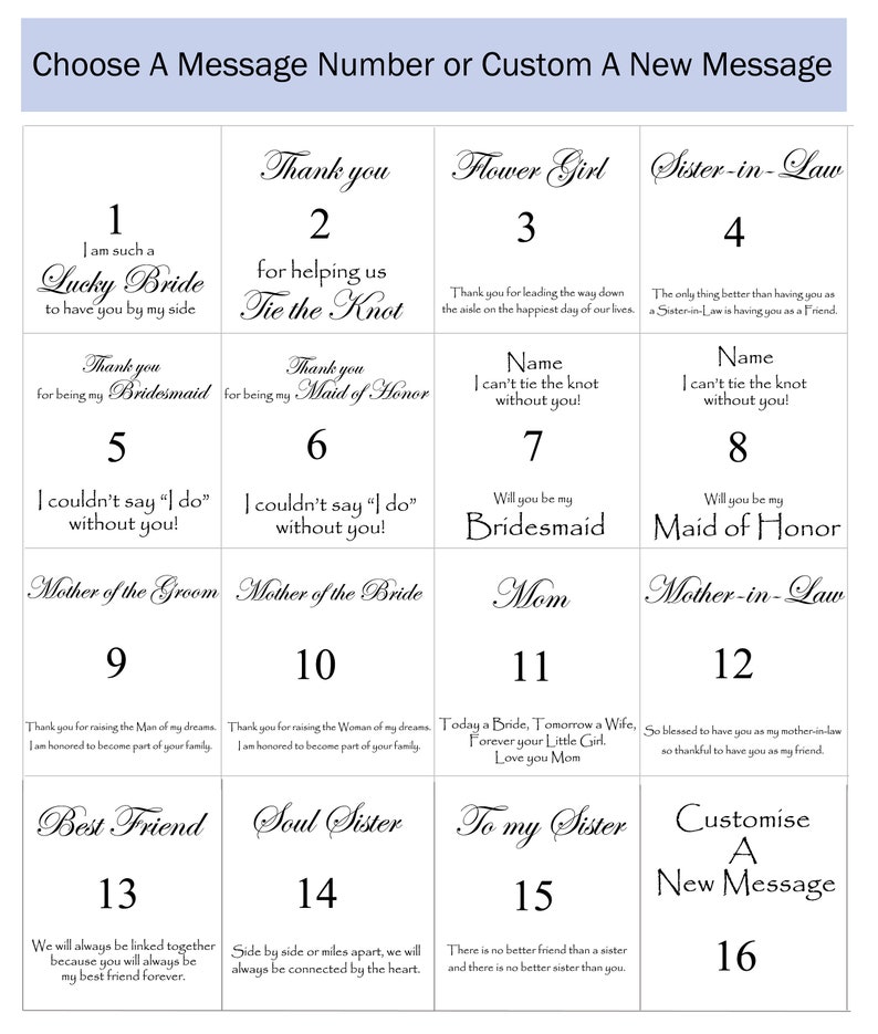 May include: A white card with a grid of 16 squares. Each square contains a number and a message for a wedding party member, such as "Lucky Bride", "Maid of Honor", "Best Friend", and "Soul Sister".