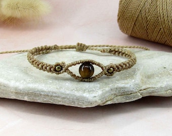 Macrame tiger eye bracelet, minimalist style, adjustable clasp