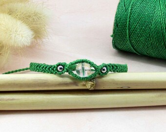 Green macrame bracelet with quartz bead