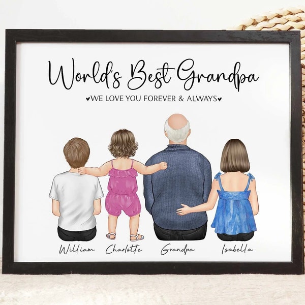 Opa-Vatertagsgeschenk, Geburtstagsgeschenk von der Enkelin, individuelle Wandkunst für den Großvater, Enkelkind-Druck, individuelles Familien-Illustrationsdekor