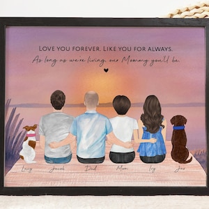 Personalized Father's Day Gift for Dad From Daughter Son, Custom Family Portrait Sunset, Family Drawing, Dad Birthday Gift, Family Gifts