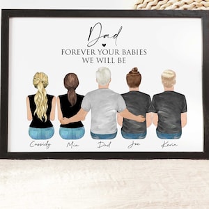 Ilustración personalizada para el Día del Padre de papá, hija, hijo, papá e hijos, retrato familiar personalizado, arte de pared familiar "Nuestro papá para siempre", regalo para él.