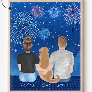 Mother's Day Gift for couple with pet, Personalized Couple Dog Print,Custom Couple Portrait with Fireworks,Fur Family Print,Dog Mom Wall Art