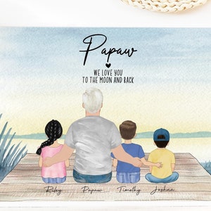 Personalized Father&#39;s Day Gift for Grandpa, Custom Family Portrait of Papaw, Grandfather and grandkids illustration wall art, Unique gift