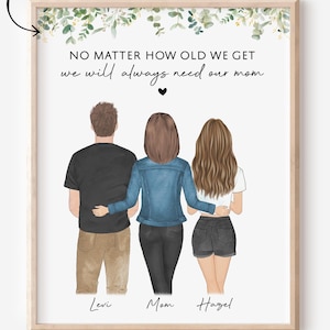 Personalized Mother, Daughter & Son Portrait, Mother&#39;s Day Gift, Custom Mother Children Print, Gift from Daughter, Gift for Mum, Birthday