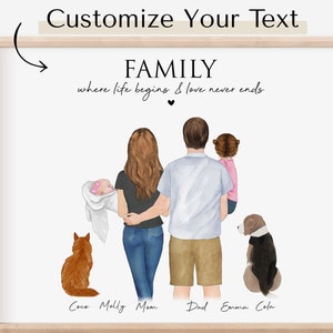 Portrait de famille personnalisé pour la fête des pères, impression d'art mural de famille personnalisé avec bébé et animal de compagnie, cadeaux de dernière minute pour la famille, cadeaux pour la nouvelle maison