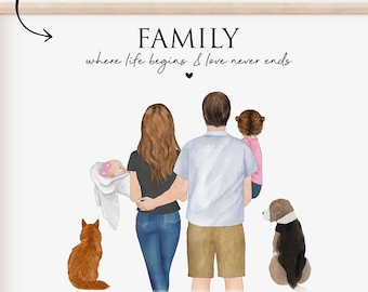 Personalized Family Portrait for Father's Day, Custom family wall art print with baby and pet, Last Minute Family Gifts, New Home Gifts