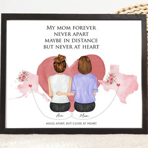 Art mural mère-fille États longue distance, cadeau Saint-Valentin maman de sa fille, portrait de famille personnalisé, cadeau de déménagement, cadeau de dortoir universitaire