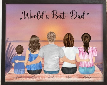 Personalized Father&#39;s Day Gift, Custom Father Daughter Son Wall Art , Family Portrait, Husband Birthday gift from wife, Digital Drawing Art
