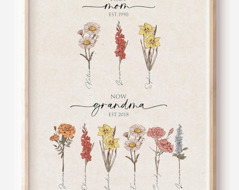 First Mom Now Grandma, Personalized Birthday Gift for Nana, Grandchildren Birth Flowers Print Wall Art Gifts for Mum Moms Garden Print