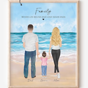 Personalized Fathers Day Gift for Him, Custom Family Portrait with Kid on Beach, Wall Art Keepsake, Digital Drawing Illustration, Home Decor