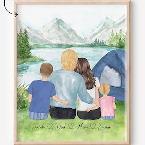 Custom Family Portrait with Young Children Camping, Personalized Father's Day Gift for Dad or Husband, Illustration Drawing, Family Gift