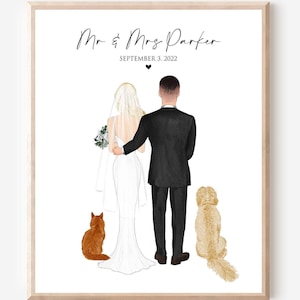 Presente de casamento para casal com cachorro e gato de estimação, presente de papel de 1º aniversário, ilustração de recém-casados, desenho de casamento, livro de visitas alternativo