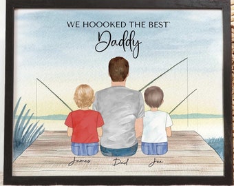 Regalo del Día del Padre para papá pescando, retrato de pesca personalizado, impresión de pesca de regalo del abuelo, enganchado a papá, arte de pared personalizado para amantes de la pesca familiar