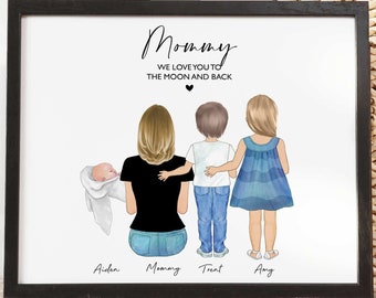 Personalisiertes Muttertagsgeschenk für Mama von Tochter/Sohn, Geburtstagsgeschenk für Frau vom Ehemann, individuelles Familienporträt, Mutter- und Kinderdruck