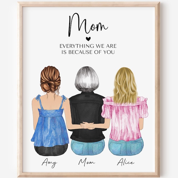 Benutzerdefinierte Mutter Tochter Porträt, personalisierte Wandkunst, Mutter & Kinder Andenken Druck, Muttertagsgeschenk von Töchtern, gerahmte Wandkunst Druck