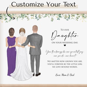 Braut und Eltern Hochzeitsporträt Geschenk von Mama & Papa an Tochter, personalisierte Hochzeitskunst, individuelles Familienbild, Sentimentales Hochzeitsgeschenk