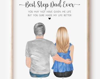 Custom Step Dad Daughter Portrait, Personalized Family Wall Art Gift for Stepdad, Bonus Dad Birthday Gift, Blended Family Illustration
