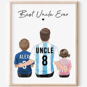 May include: A framed family portrait with the text "A Meaningful Gift for Uncle" and "Best Uncle Ever." The illustration depicts an uncle wearing a jersey with "UNCLE 8" and two children in jerseys with names and numbers.