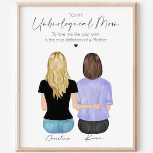 May include: A framed custom family portrait with two figures, one with blonde hair and the other with brown hair, embracing. The text reads "To My Unbiological Mom" and "A Meaningful Gift for Mom". The names "Christine" and "Karen" are written below the figures.