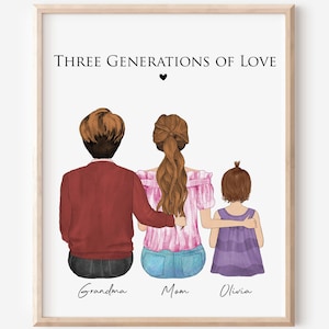 May include: A framed family portrait depicting three generations: a person in a red top, a person in a pink top and blue jeans, and a person in a purple dress. The text reads "Three Generations of Love."
