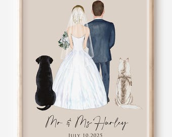 May include: A framed custom family portrait featuring a bride and groom, two dogs, and the text "Mr & Ms Hurley JULY 10,2025". The artwork is in soft watercolor tones, ideal for a wedding gift.
