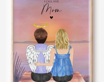 Retrato personalizado en memoria de mamá, regalo de condolencia por la pérdida de una madre, arte en memoria de un ser querido, regalo para el duelo, recuerdo conmemorativo, fondo de atardecer.