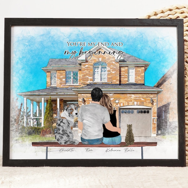Custom Couple dog with House Print,Personalized House Warming/First Home Owner Gift, Anniversary/Birthday/Engagement/Wedding/Valentines Gift